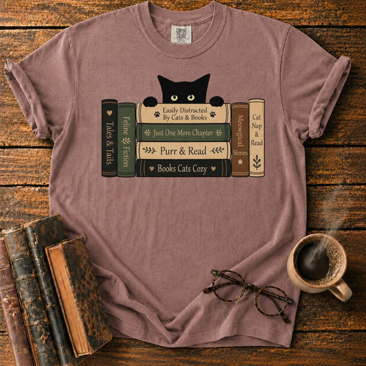 Curious Cat Peeking Over Books T-Shirt