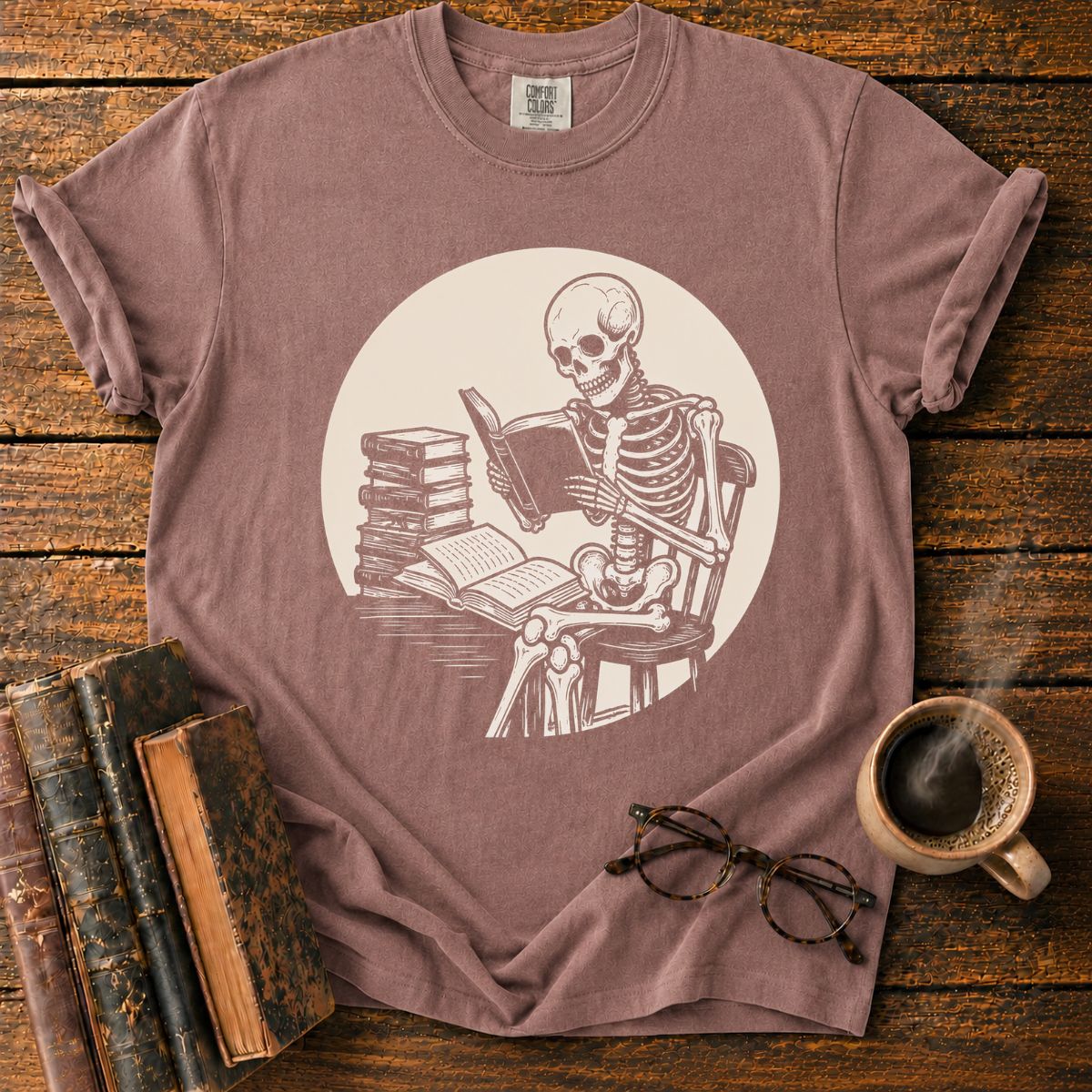Skeleton Reading Under Moonlight T-Shirt
