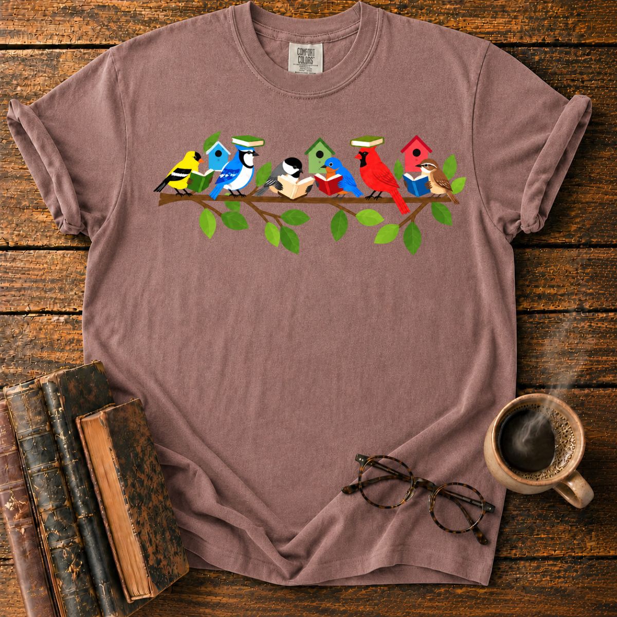 Whimsical Birds’ Reading Branch T-Shirt