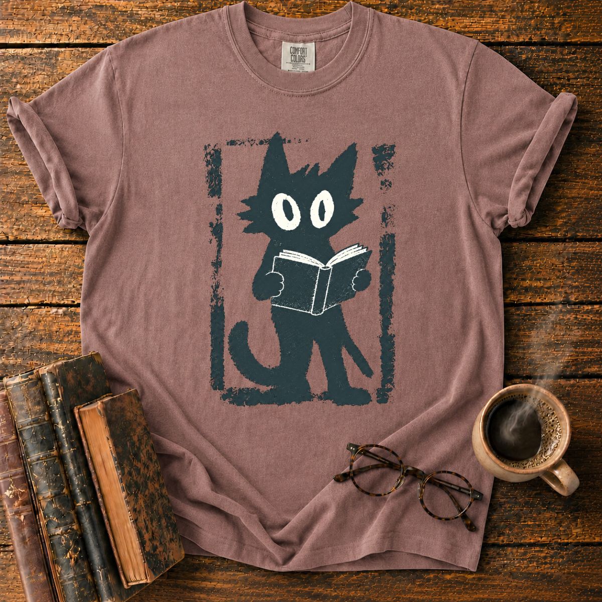 Vintage Cat Reading Screen Print T-Shirt