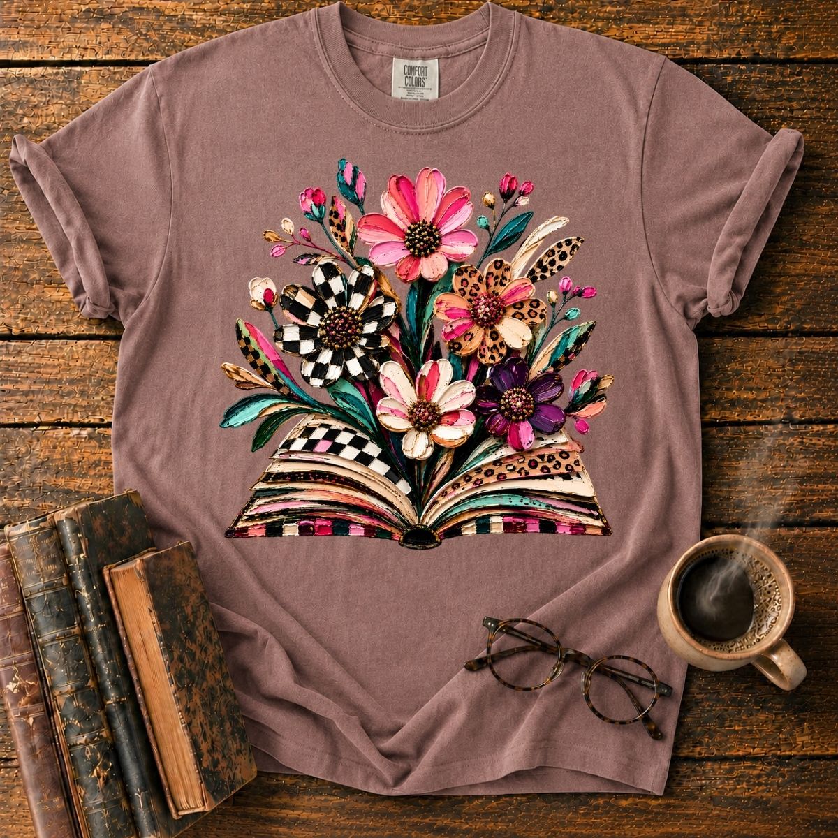 Floral Bouquet Rising from Book T-Shirt