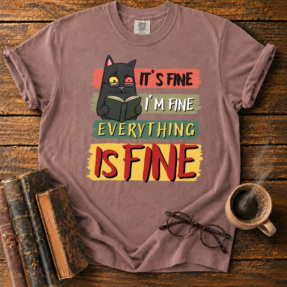 Anxious Cat Reading_ Everything Is Fine T-Shirt
