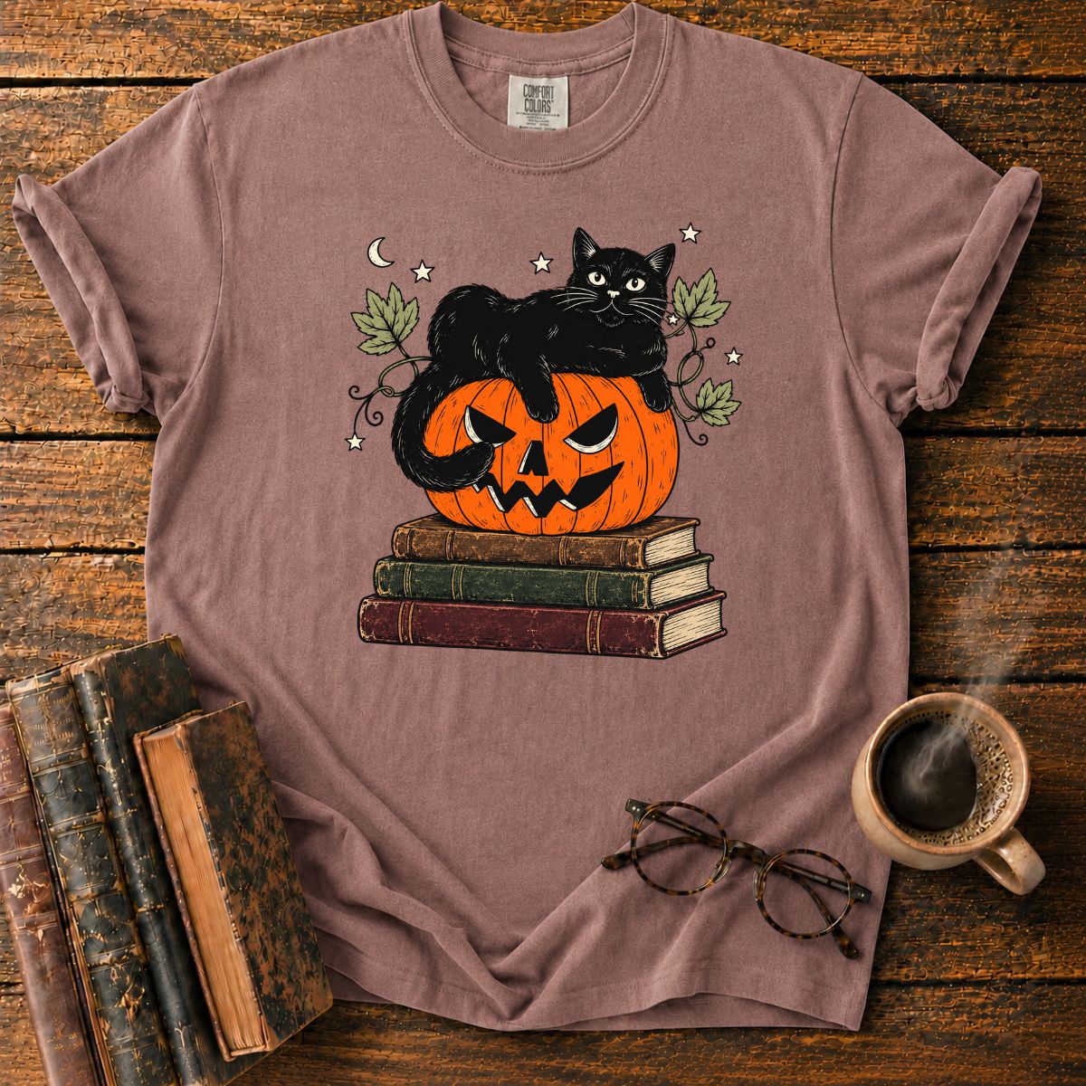 Black Cat, Pumpkin and Vintage Books T-Shirt
