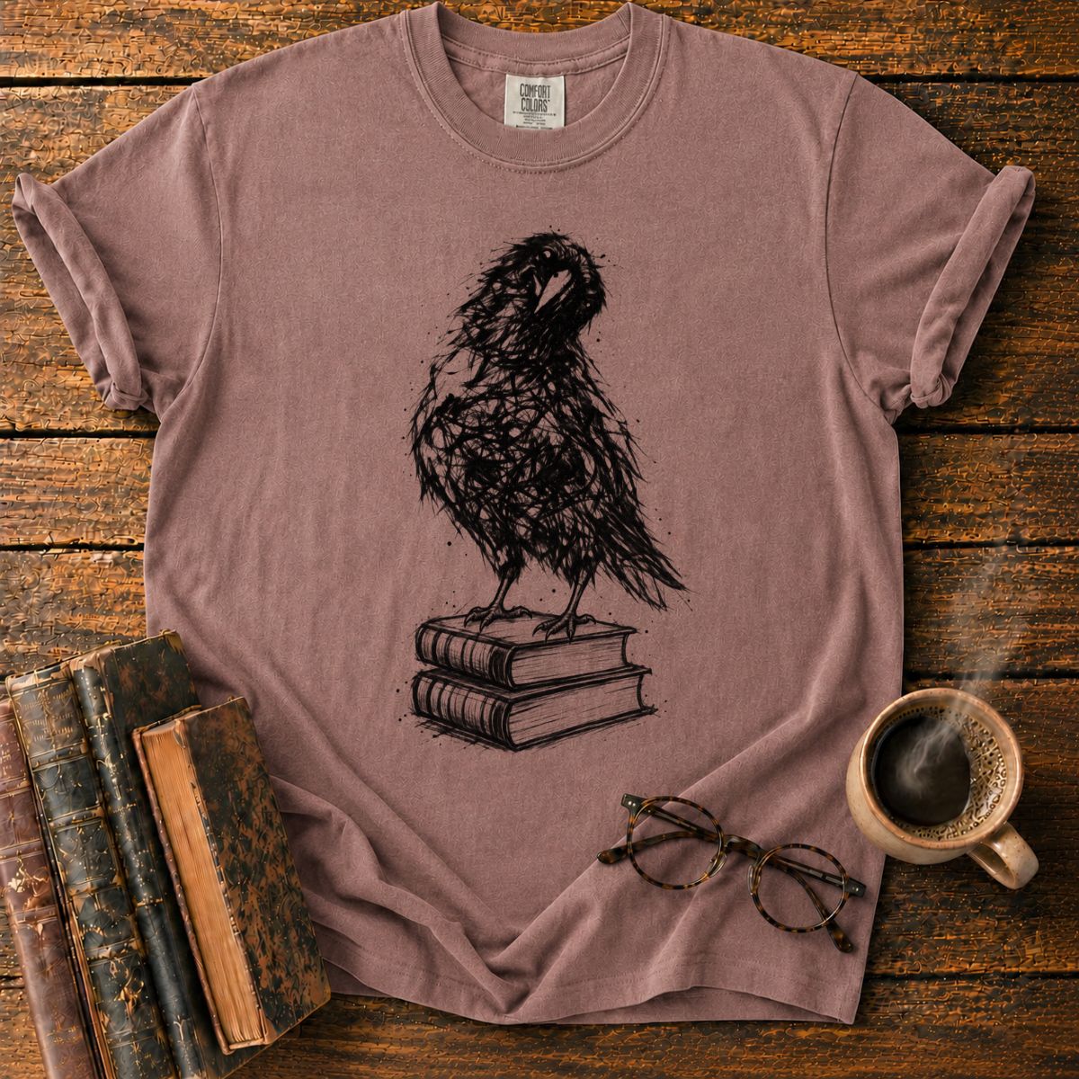 Ink-Crow Perched on Old Books T-Shirt