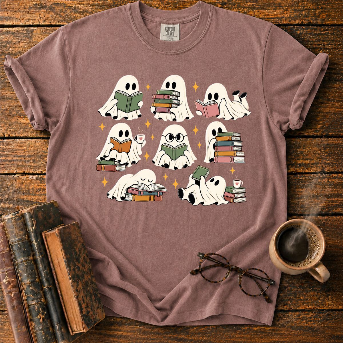 Cozy Ghosts Reading Books T-Shirt