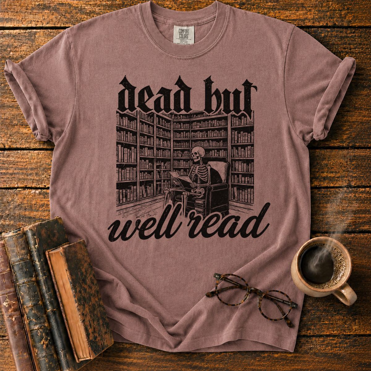Dead But Well Read Skeleton Library T-Shirt
