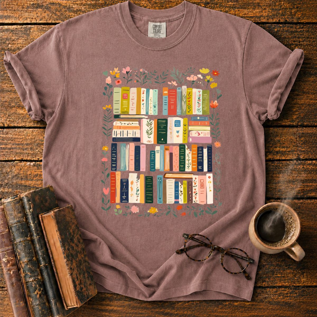Floral Wreath Around Bookshelves T-Shirt