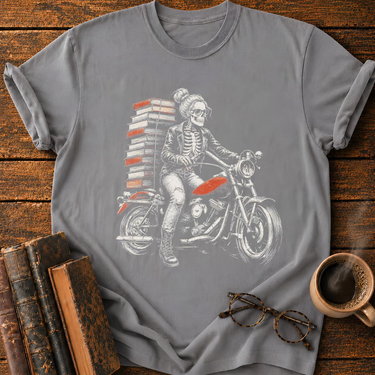 Skeletal Biker’s Tower of Books T-Shirt