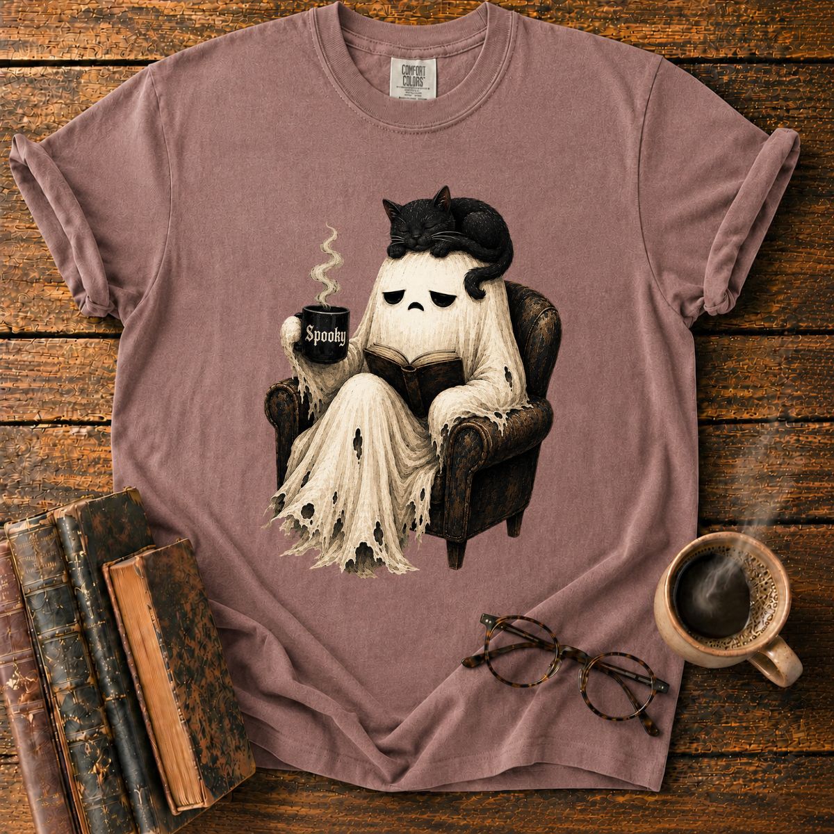 Sleepy Ghost Reading with a Cat T-Shirt