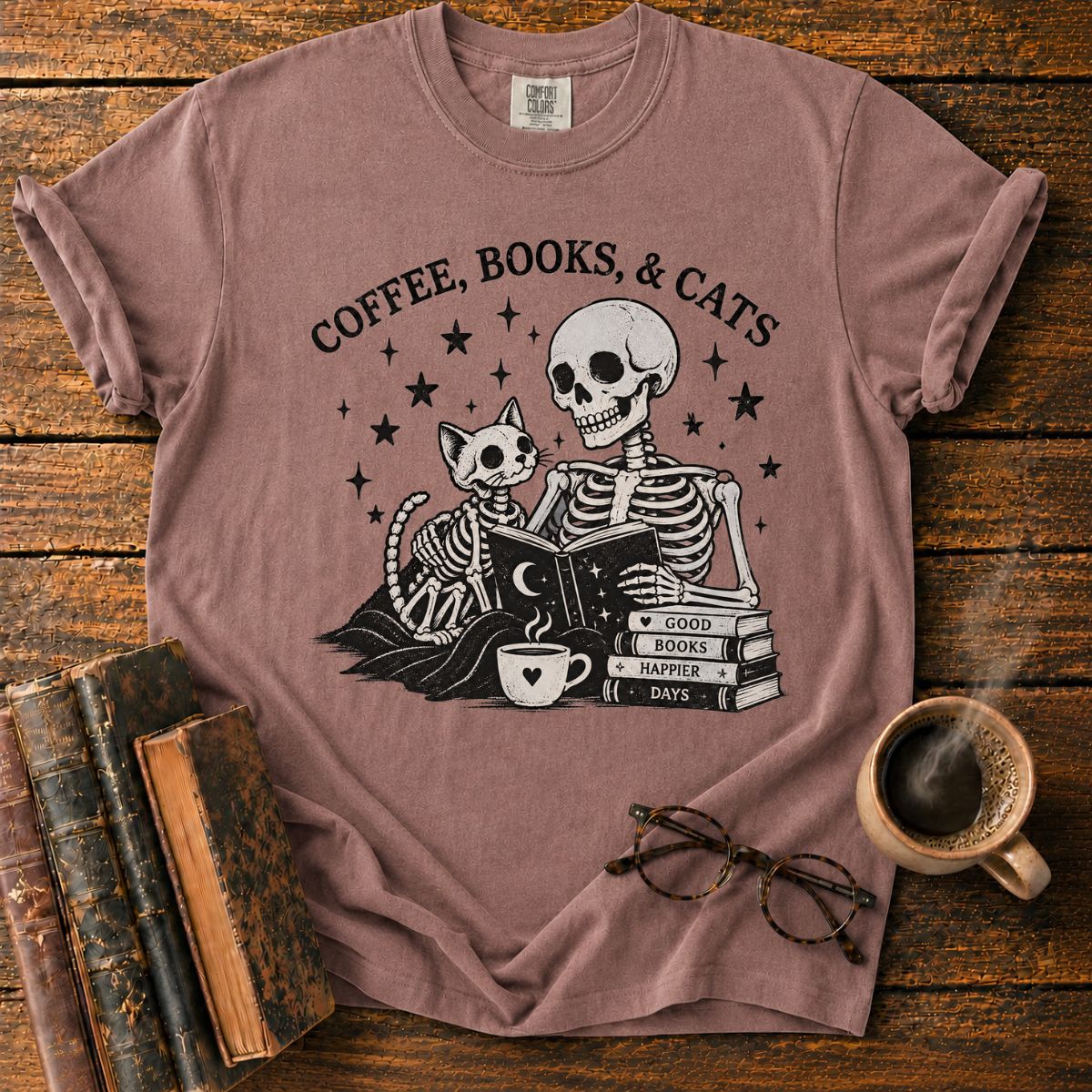 Coffee Books and Cats Skeleton T-Shirt