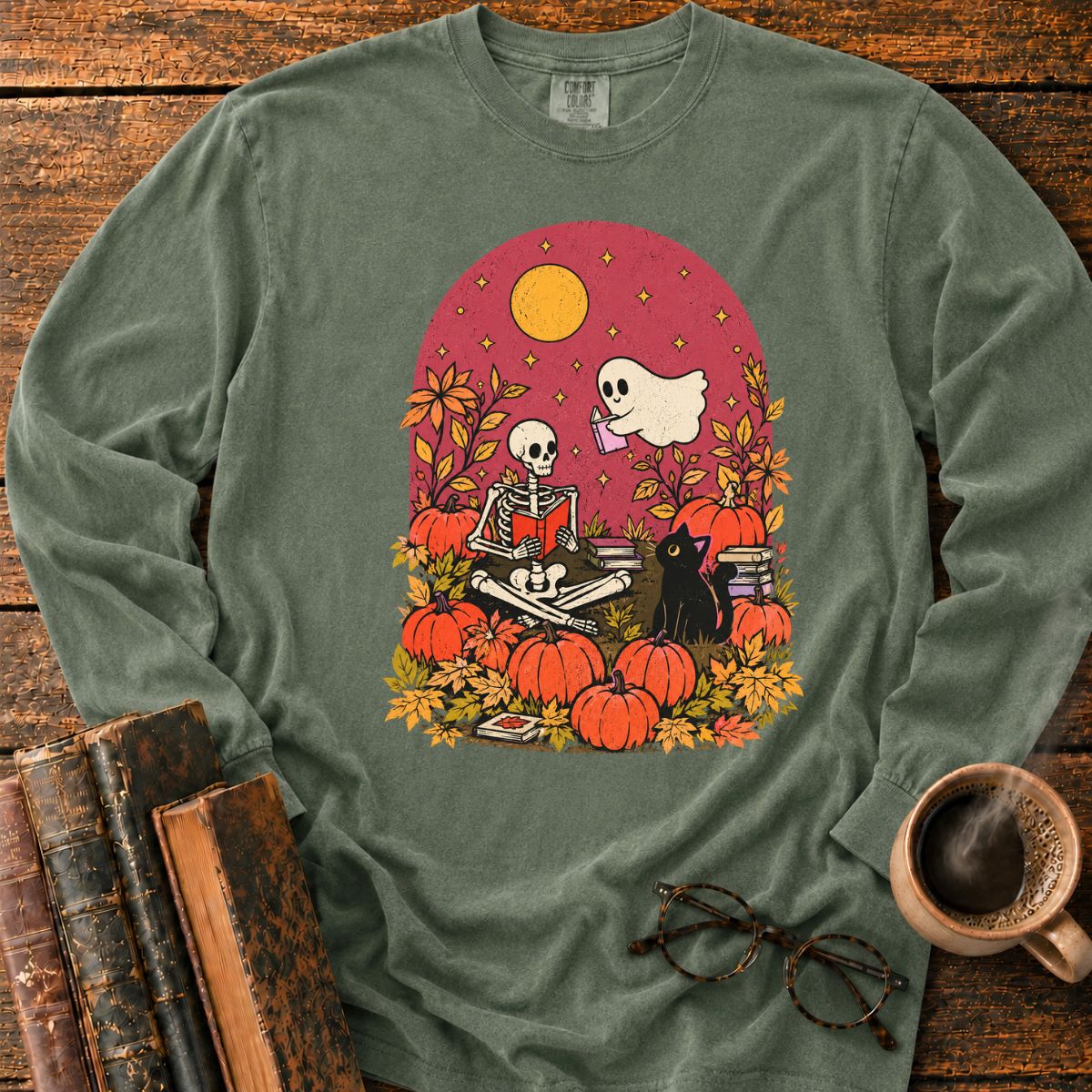 Skeleton Ghost Reading LS T-Shirt