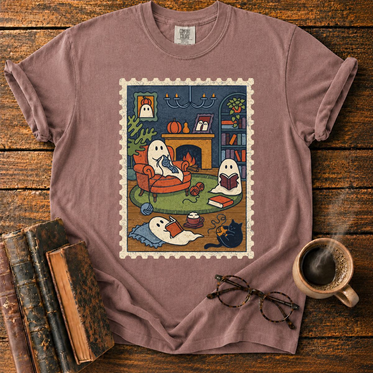 Cozy Ghost Reading Stamp T-Shirt