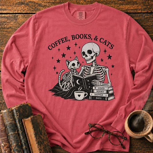 Coffee Books Cats LS T-Shirt
