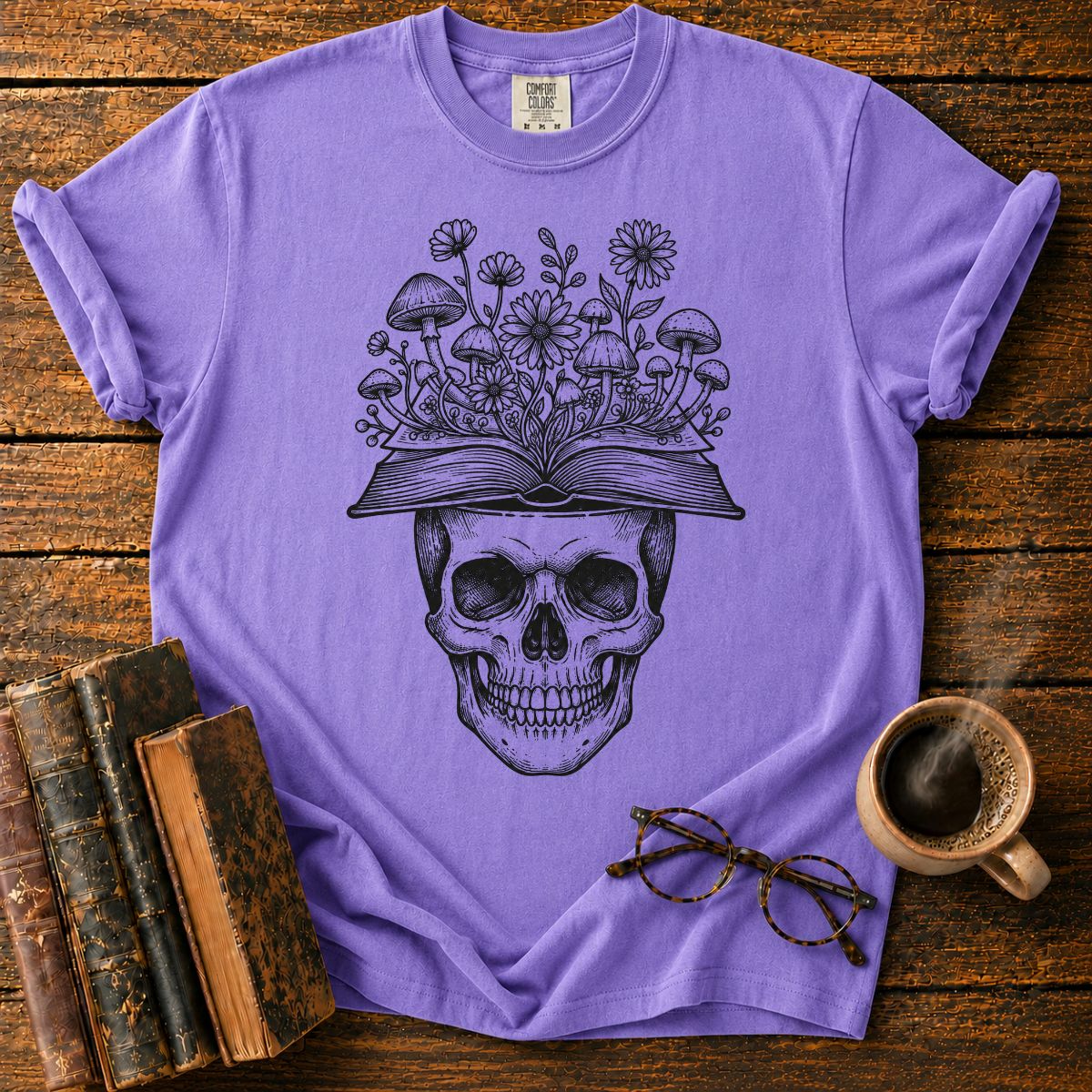 Skull Book Mushroom Wildflowers T-Shirt