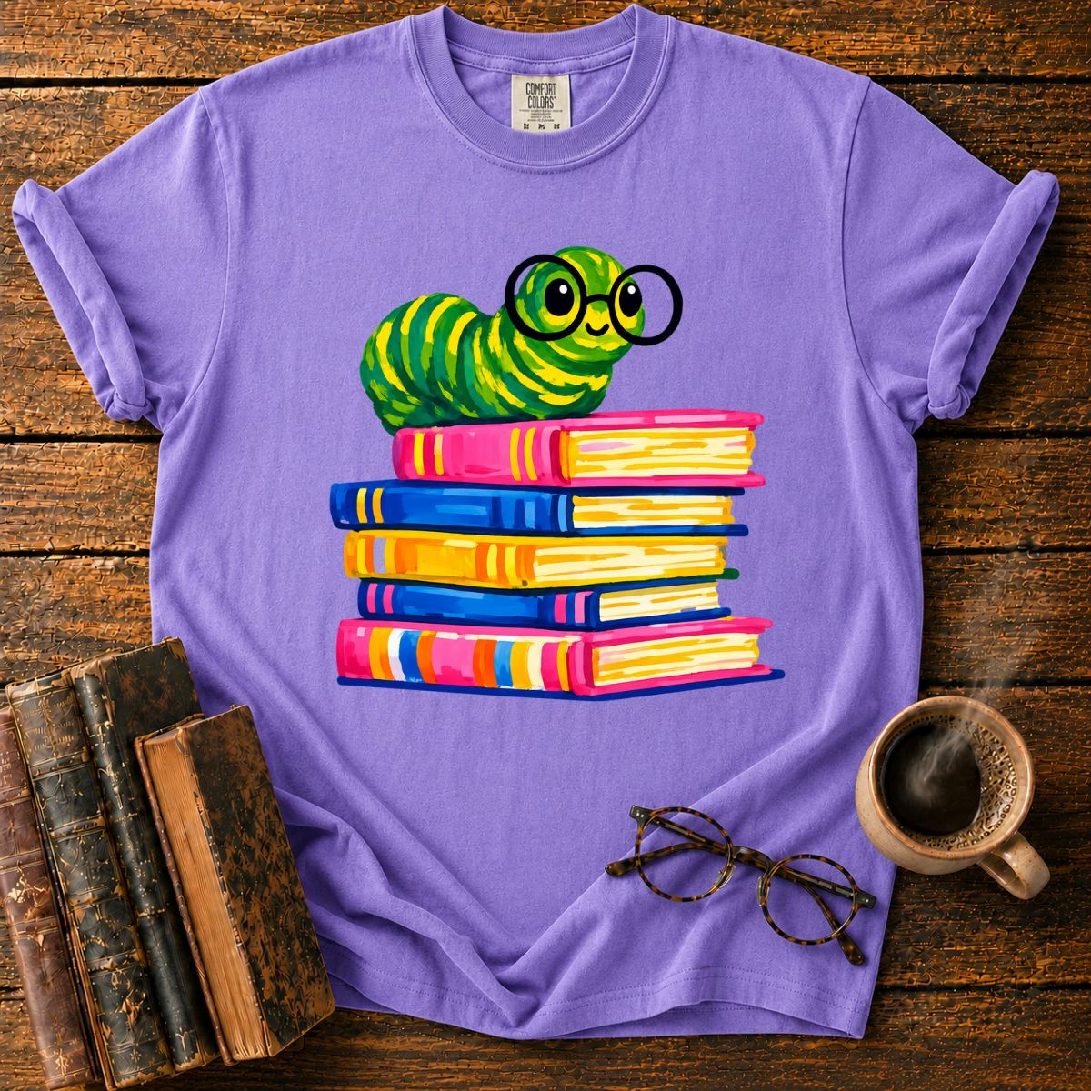 Cheerful Bookworm on Colorful Books T-Shirt