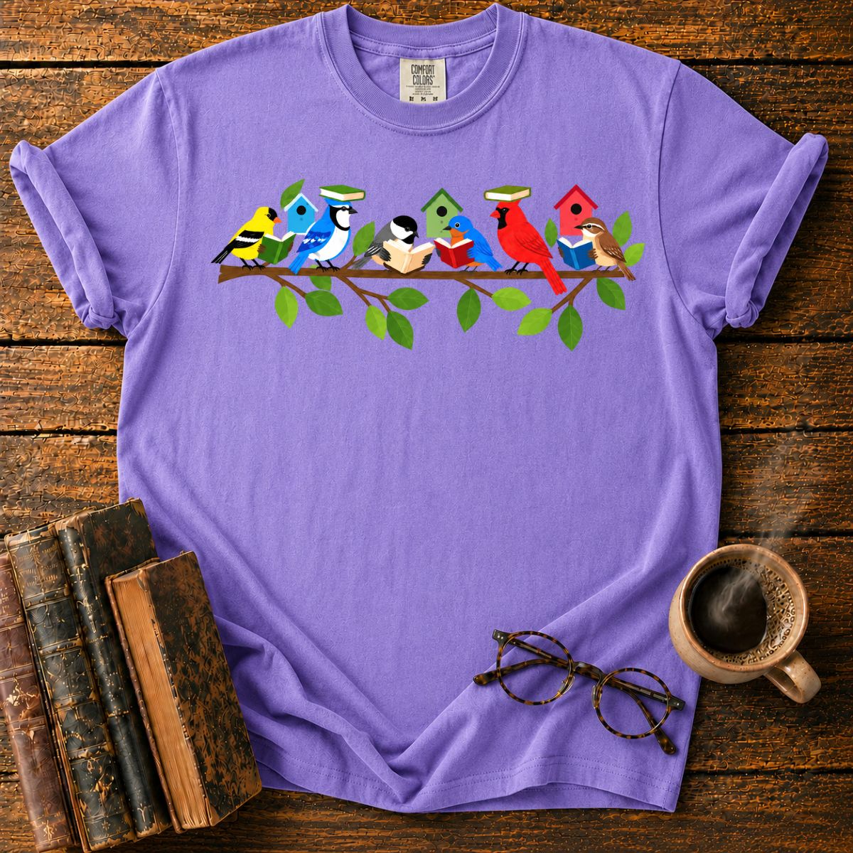 Whimsical Birds’ Reading Branch T-Shirt