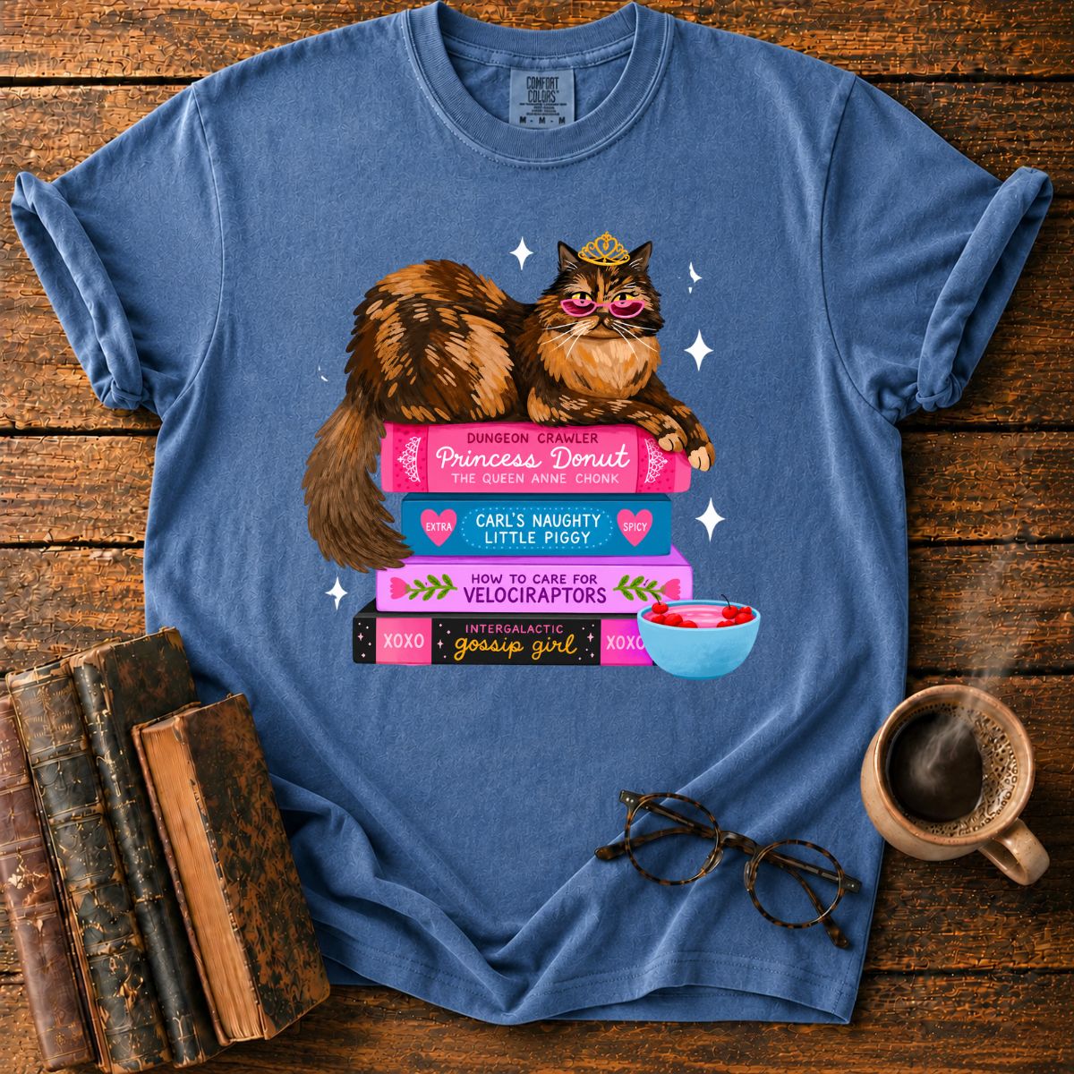 Princess Cat Book Stack Bookish T-Shirt