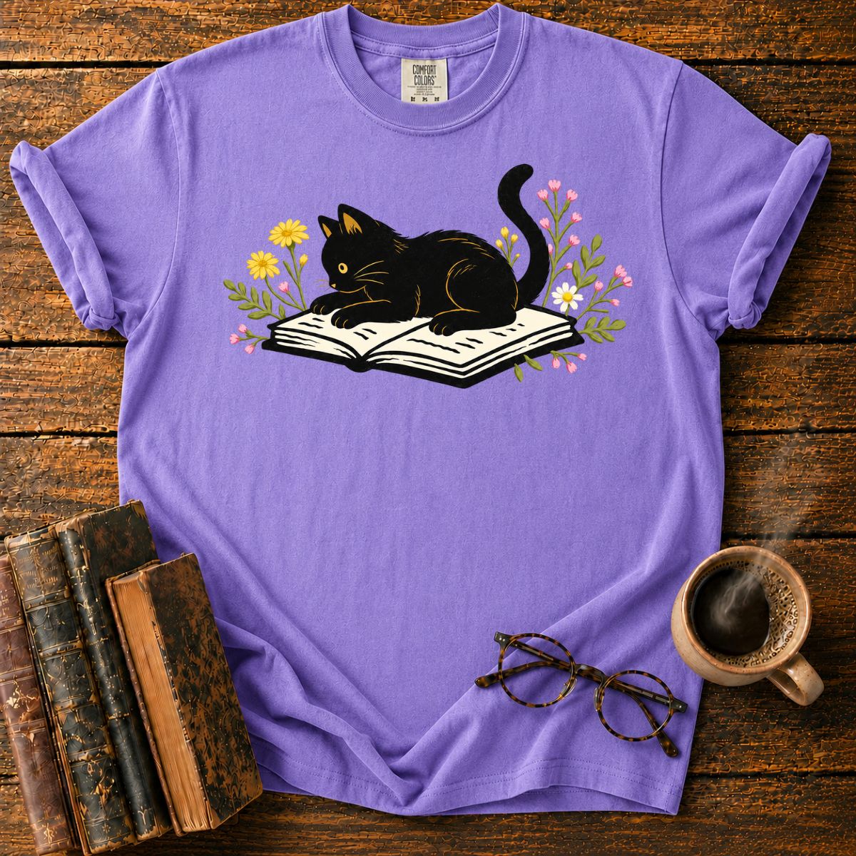 Cat Reading Among Flowers T-Shirt