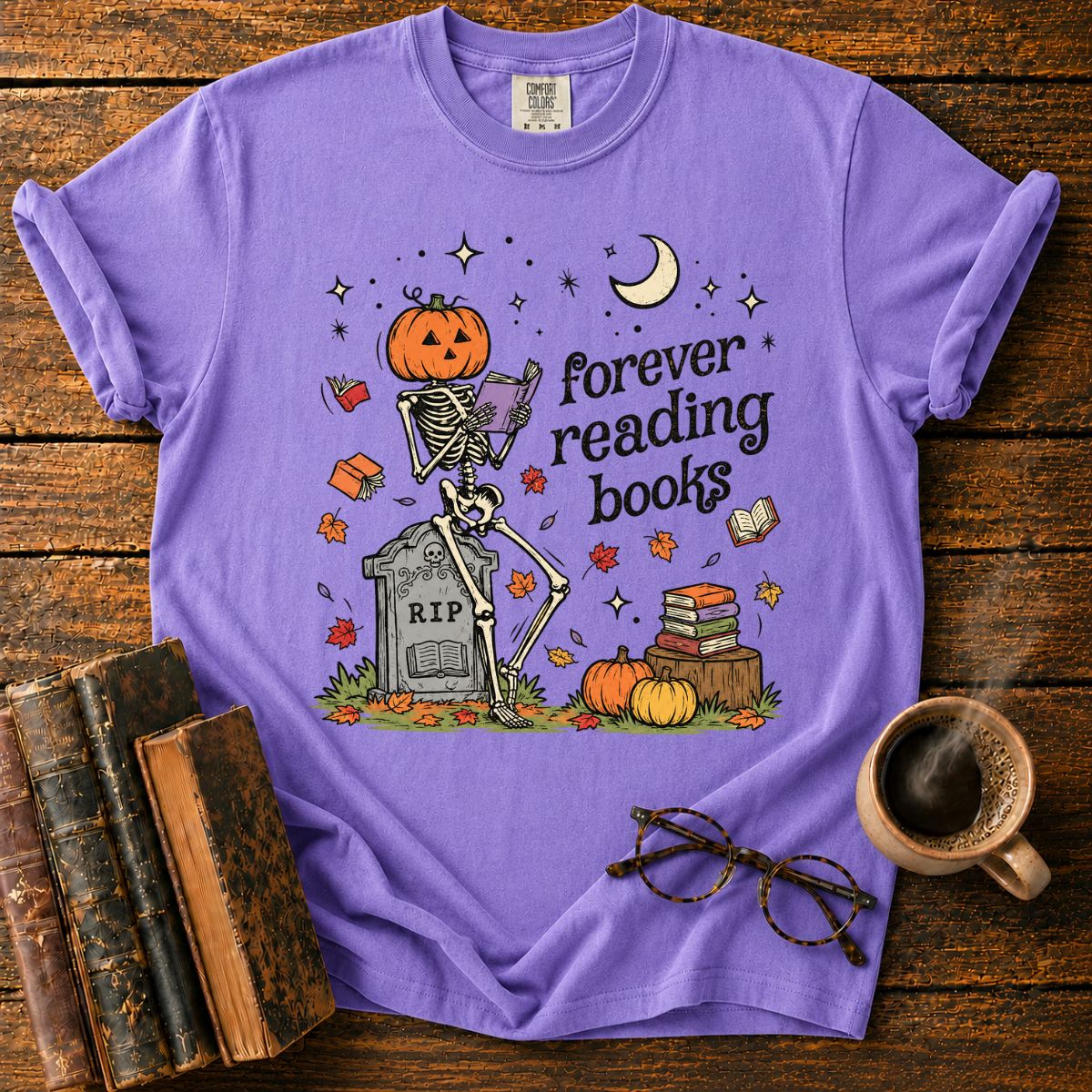 Forever Reading Books Pumpkin Skeleton T-Shirt