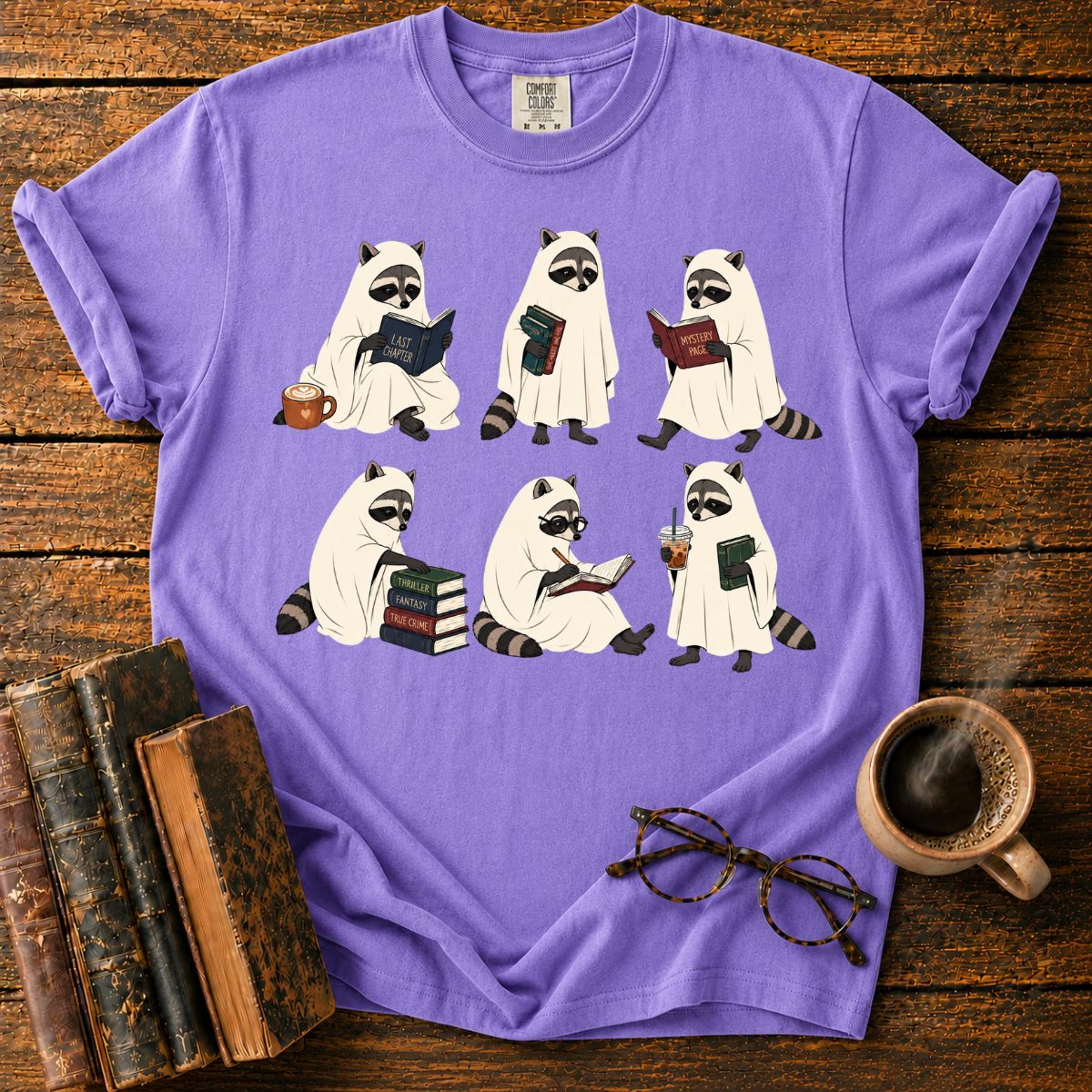 Ghostly Raccoons’ Cozy Book Club T-Shirt