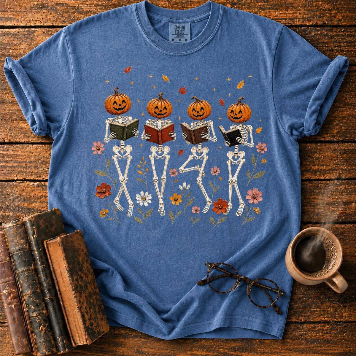 Skeletons Reading Among Autumn Flowers T-Shirt
