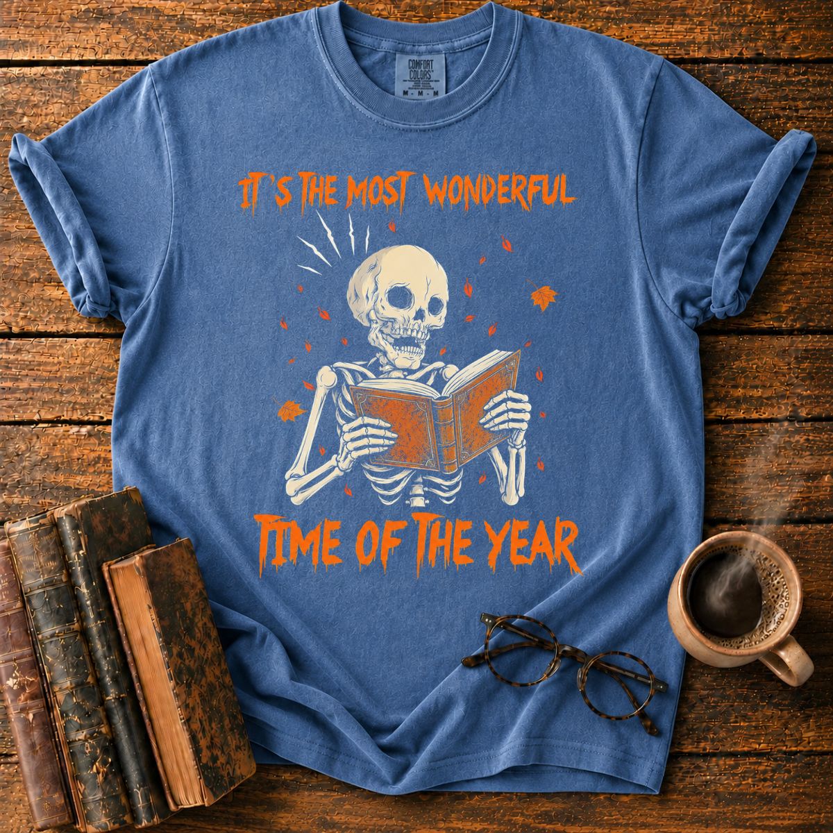 Skeleton Reading Beneath Autumn Leaves T-Shirt