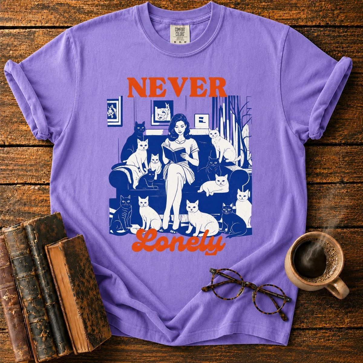 Never Lonely_ Cats and Cozy Reading T-Shirt