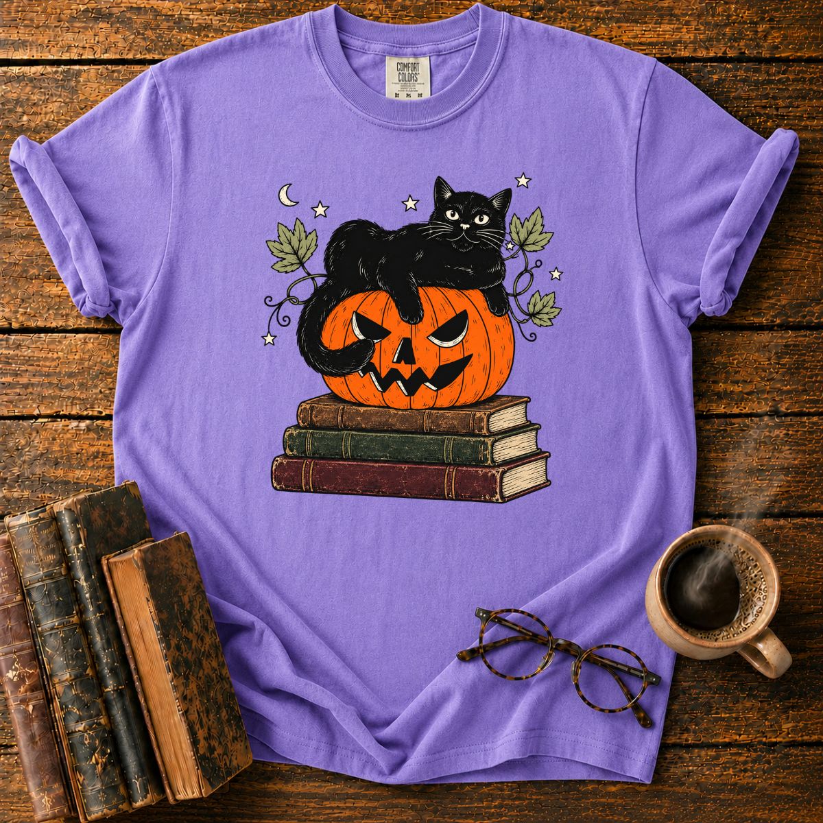 Black Cat, Pumpkin and Vintage Books T-Shirt