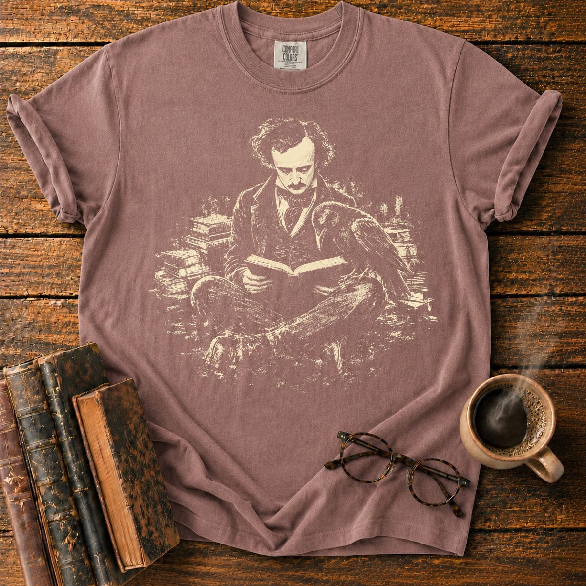 Edgar Allan Poe Reading With Raven T-Shirt