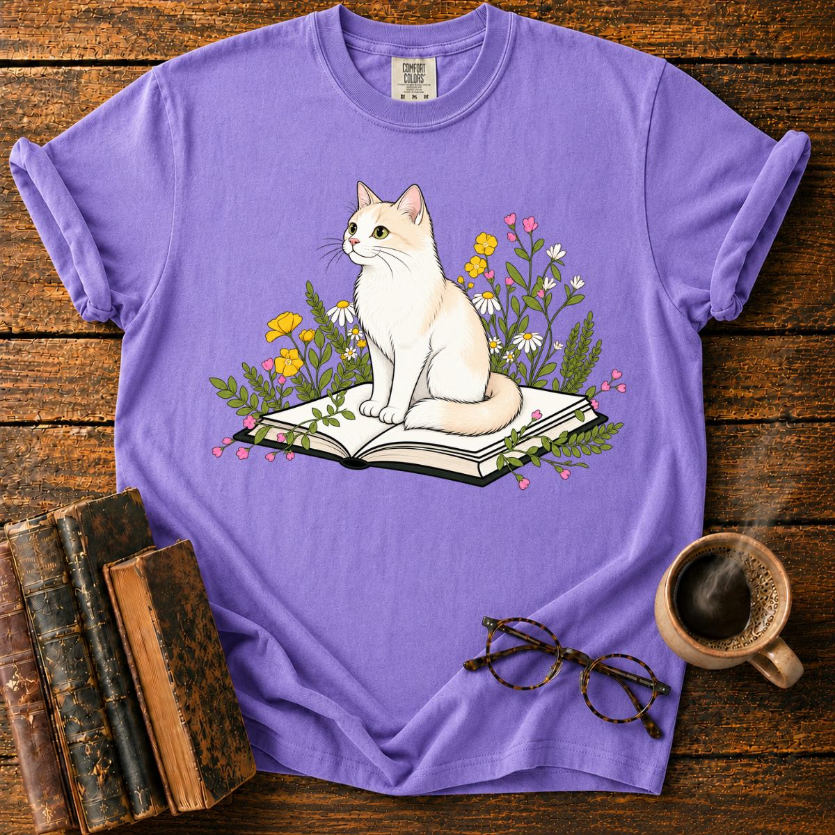 Cat Reading Among Flowers T-Shirt
