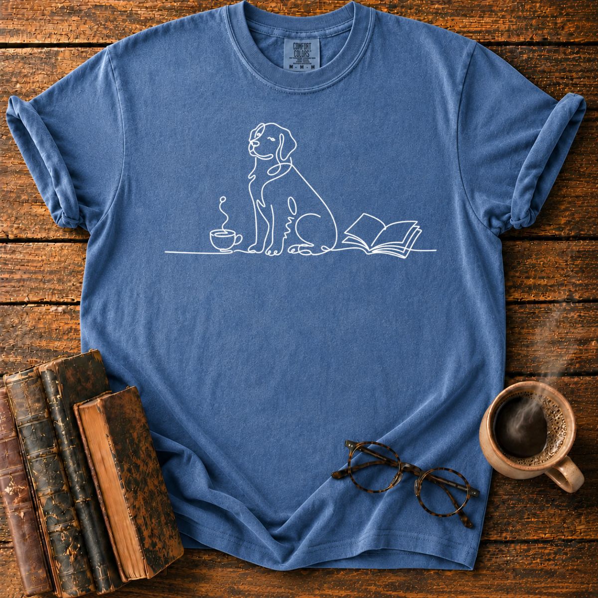 Minimalist Dog with Cup and Book T-Shirt