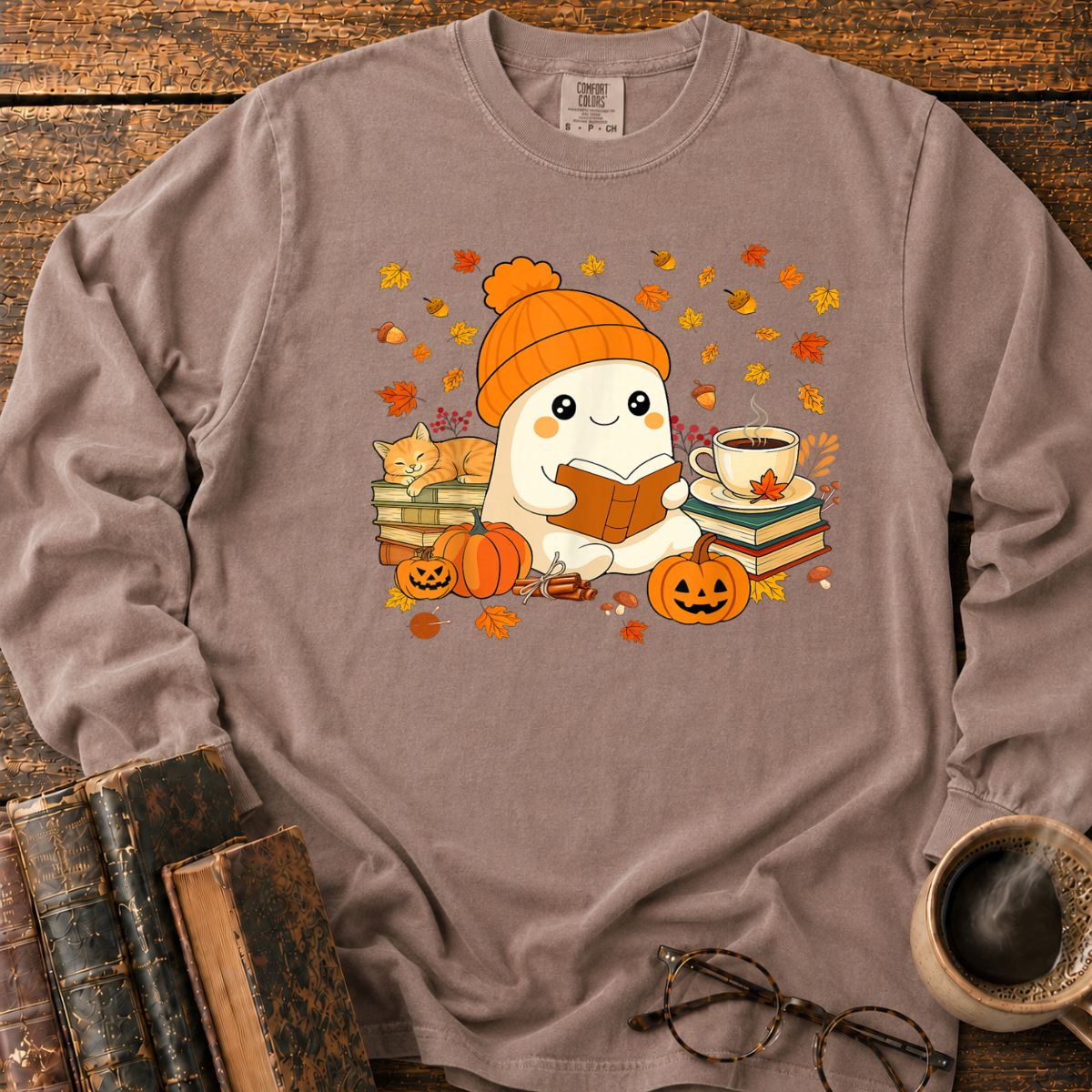 Cute Ghost Reading Book Halloween Long Sleeve T-Shirt