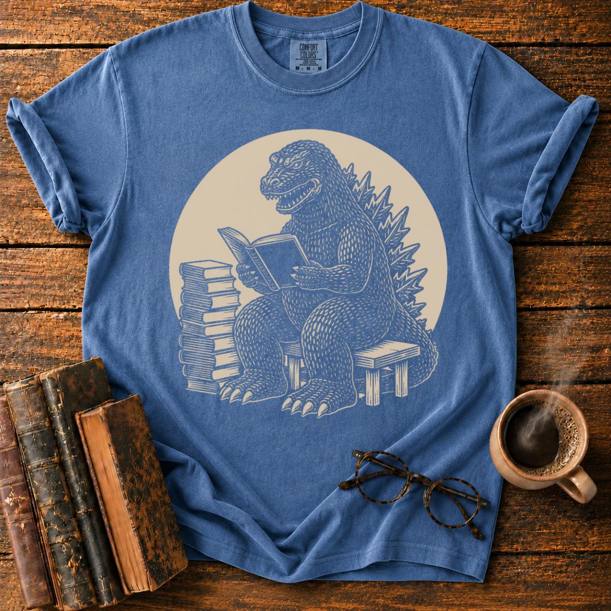 Kaiju Reading in Vintage Woodcut Style T-Shirt