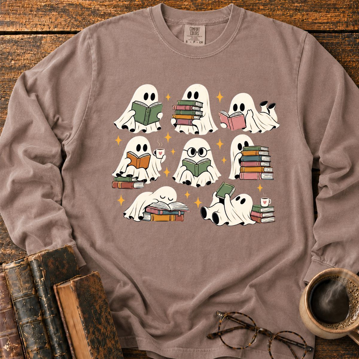 Cozy Ghosts Reading Books LS T-Shirt