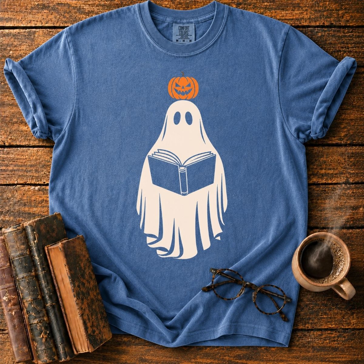 Pumpkin-Topped Ghost Reading a Book T-Shirt