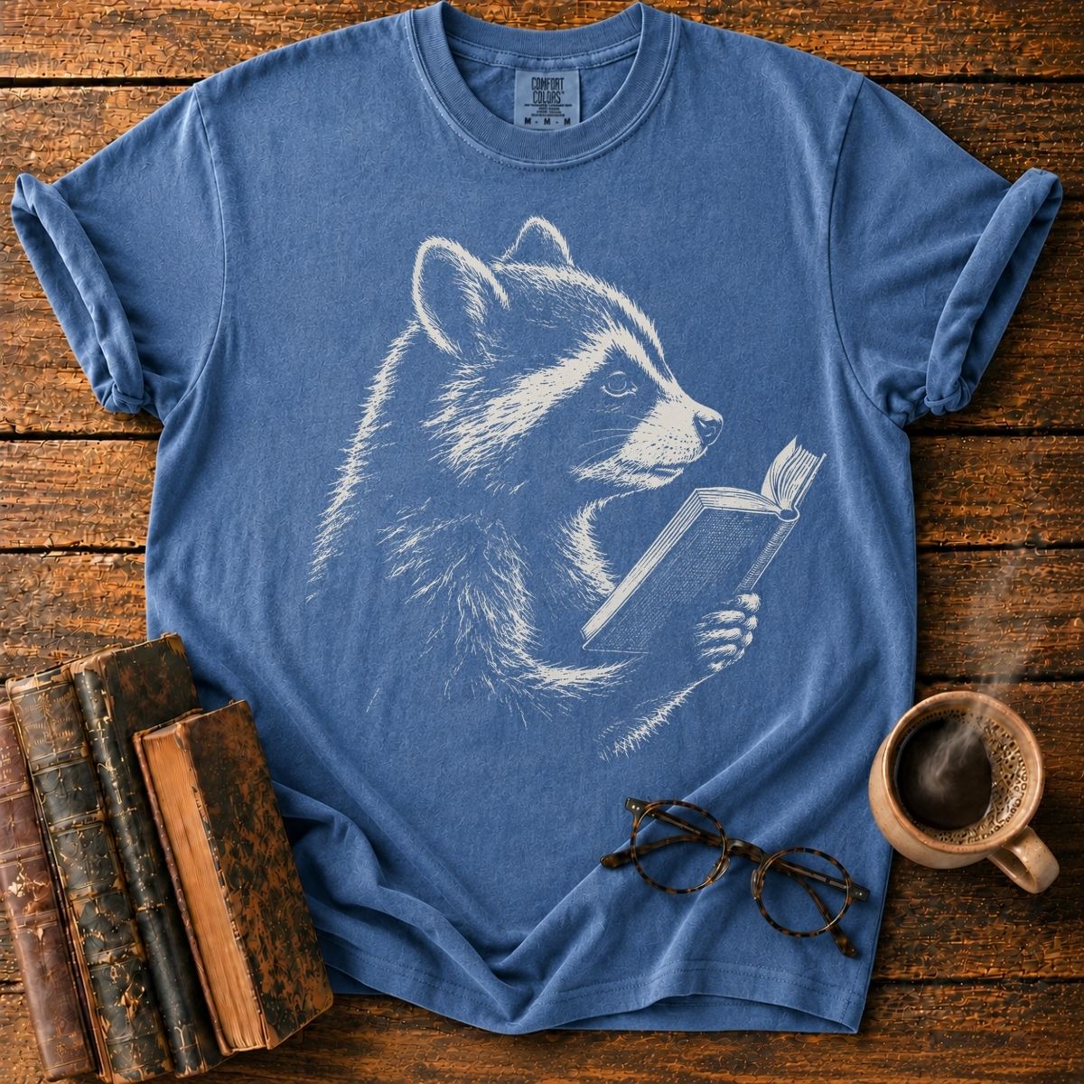 Vintage Engraved Raccoon Reading T-Shirt