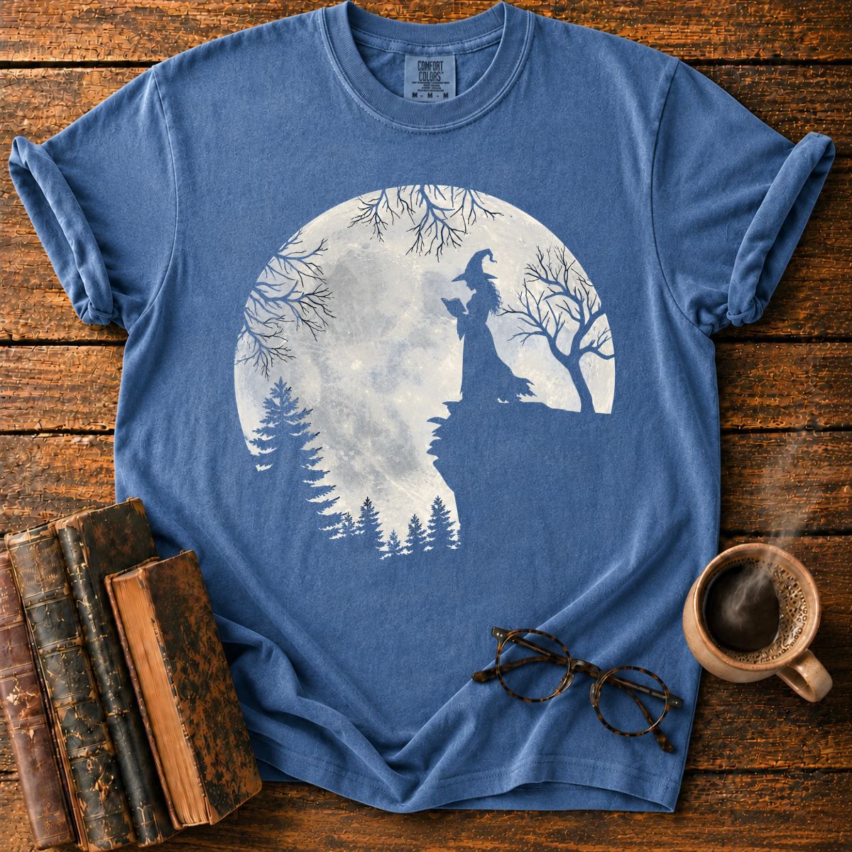 Moonlit Witch Reading on a Rocky Cliff T-Shirt