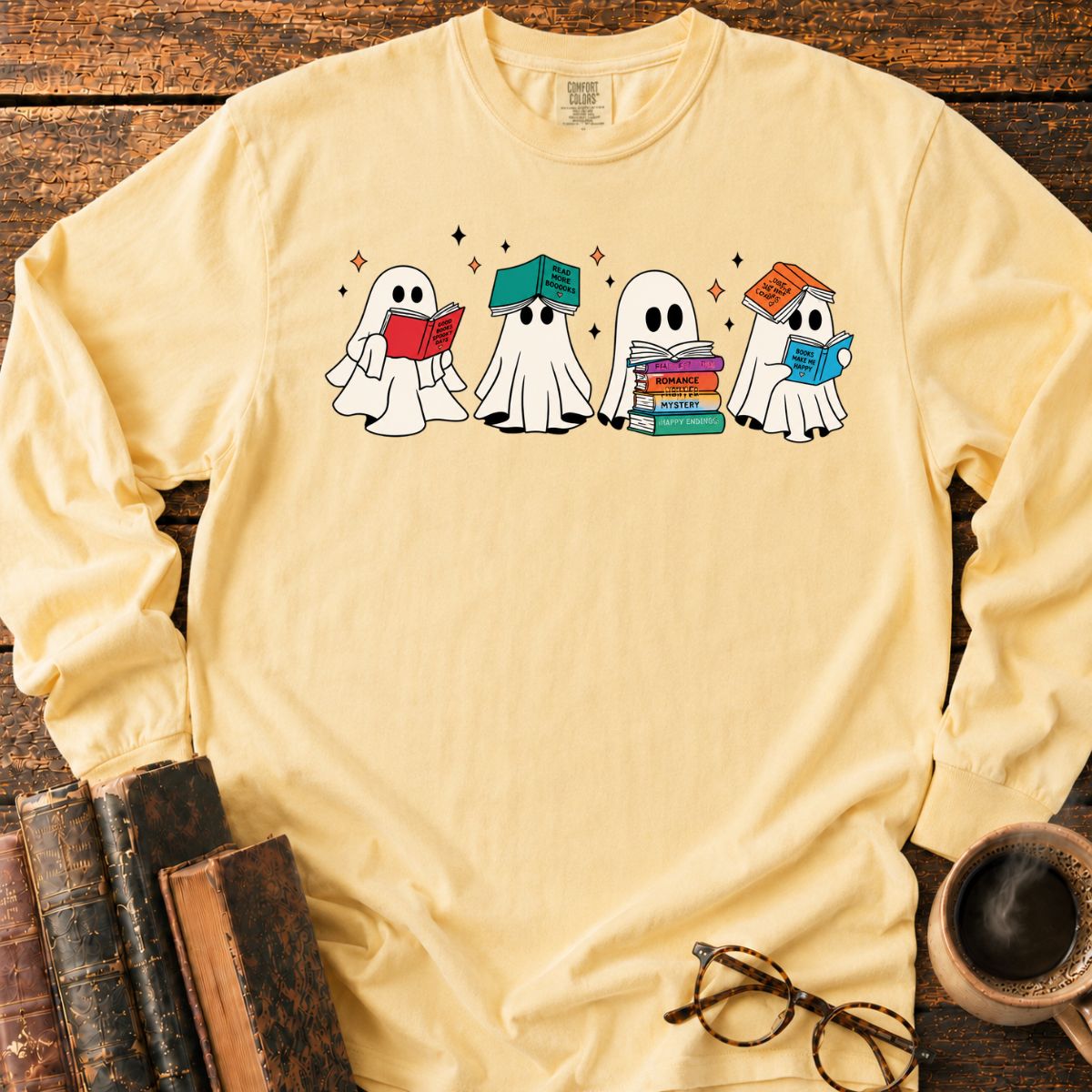 Cute Ghosts Reading Books LS T-Shirt