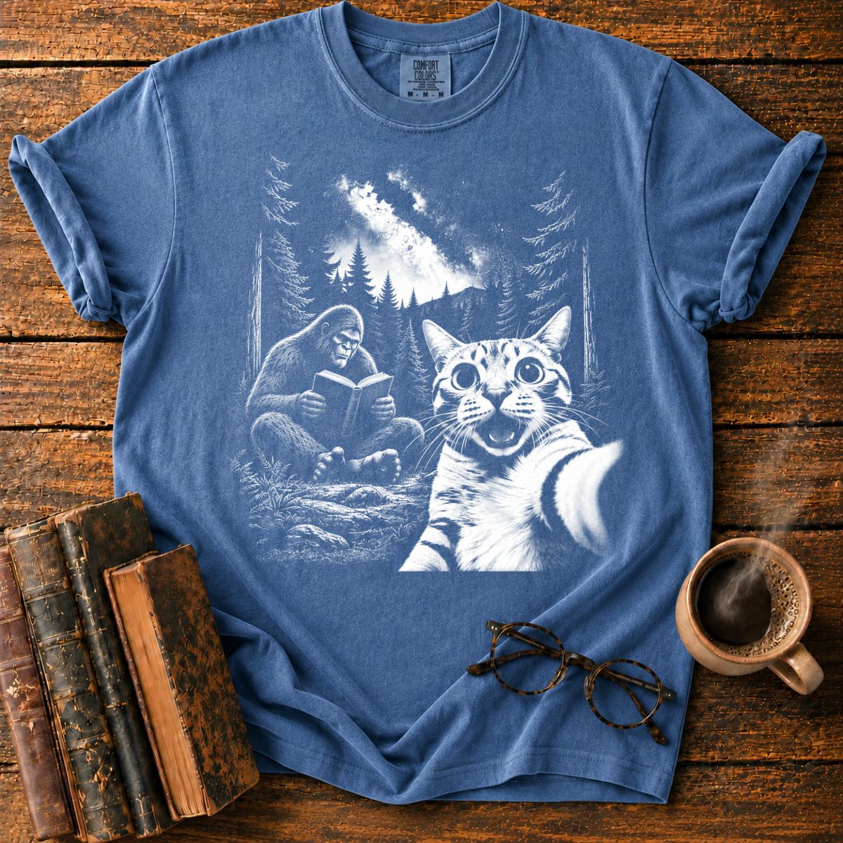 Moonlit Bigfoot and Cat Reading T-Shirt