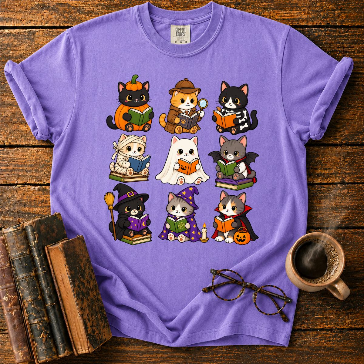 Kawaii Halloween Cat Reading T-Shirt