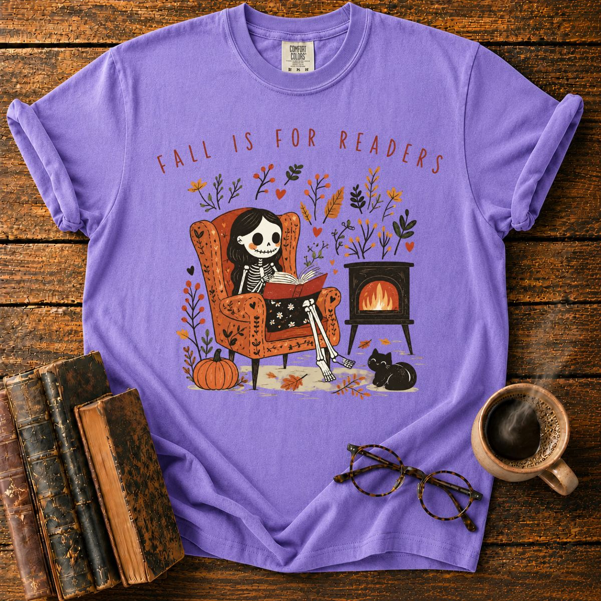 Fall Is for Readers Cozy Skeleton T-Shirt