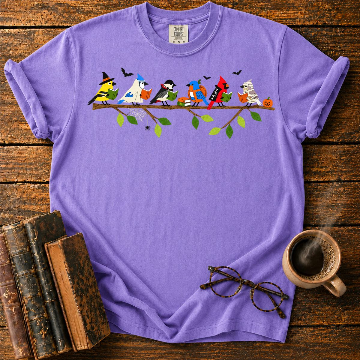 Halloween Birds Reading on a Branch T-Shirt