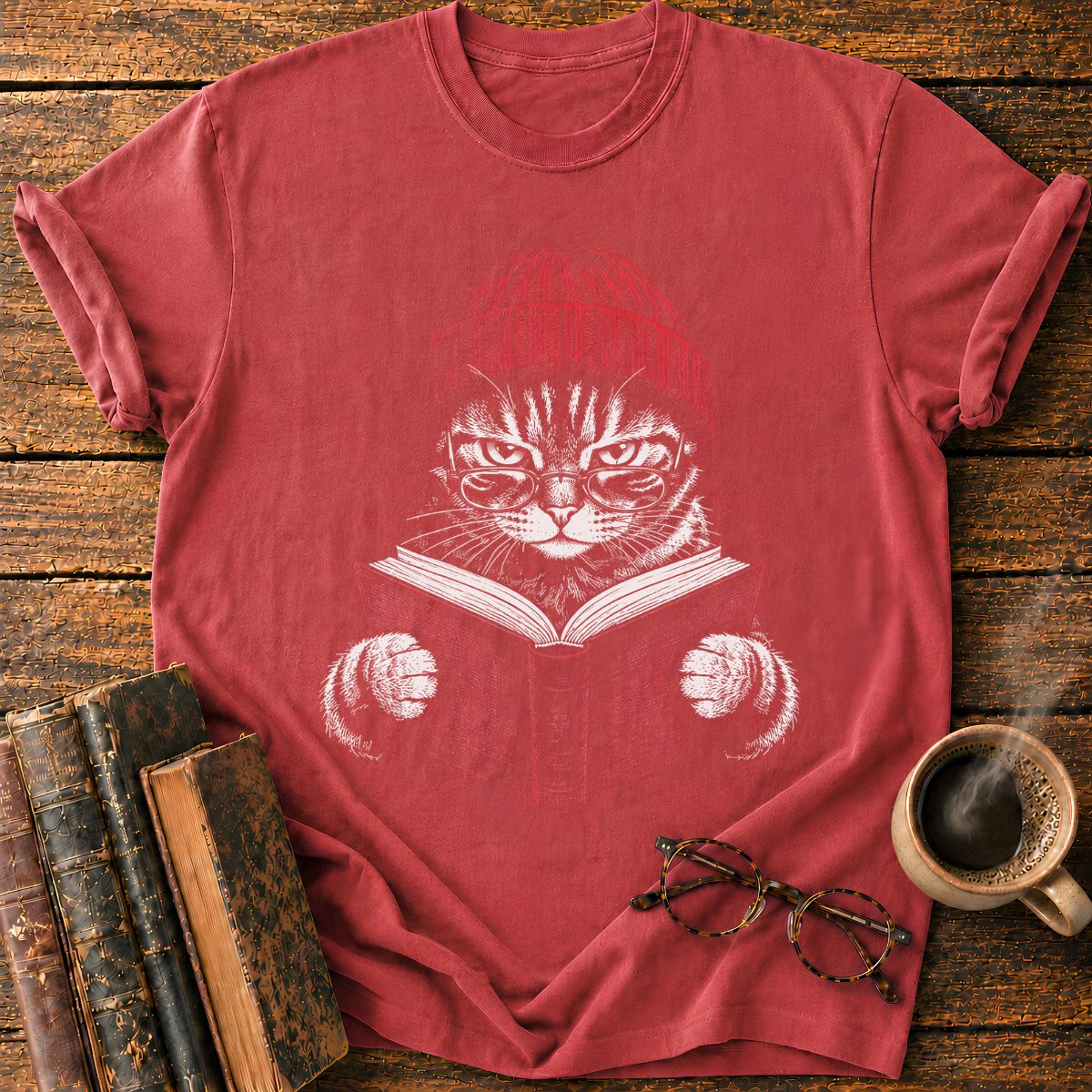 Cat with Red Beanie and Book T-Shirt