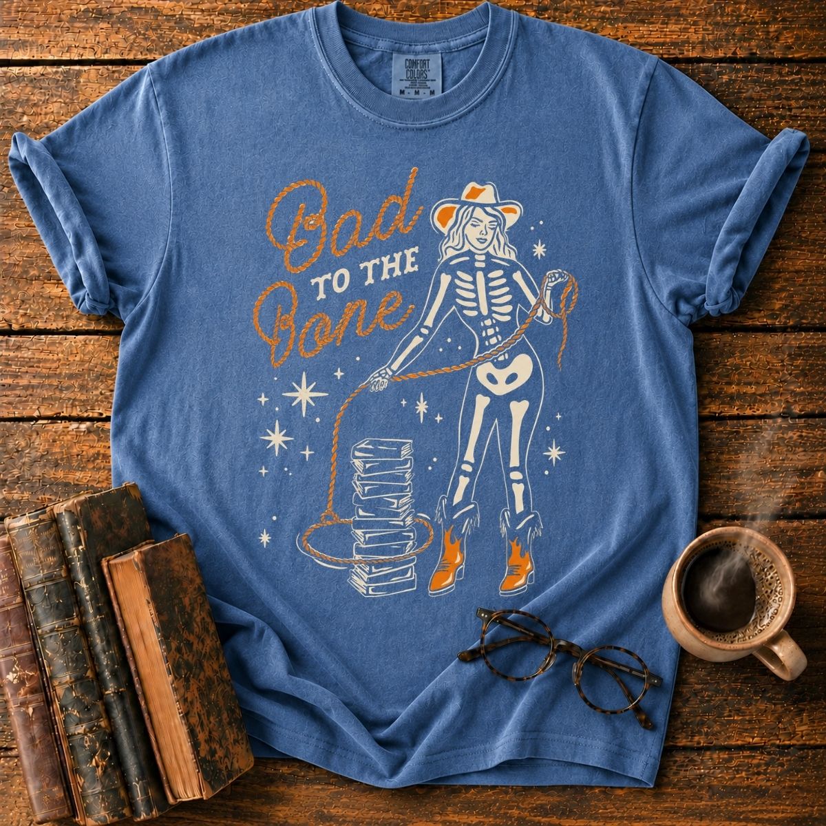 Retro Skeleton Cowgirl and Books T-Shirt
