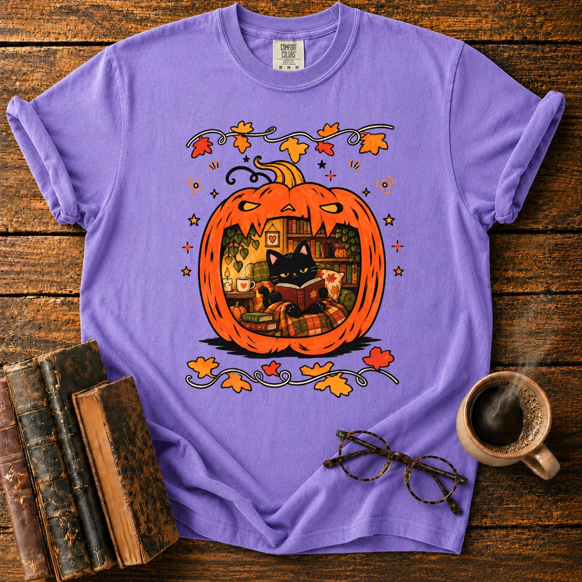 Cozy Pumpkin Reading Nook with Cat T-Shirt