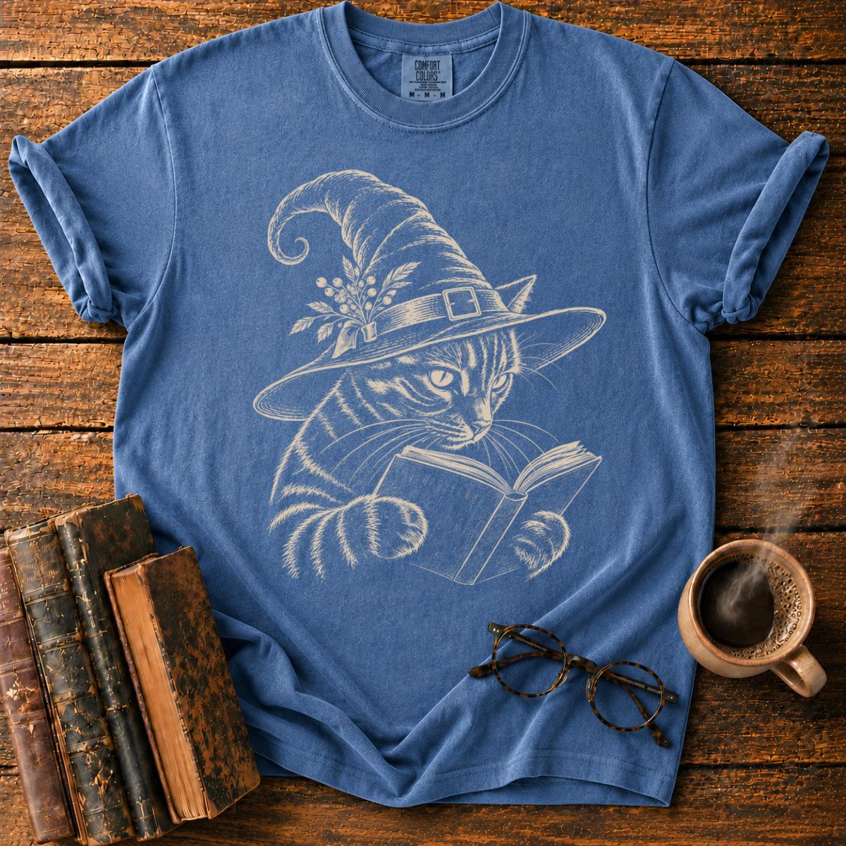 Vintage Witch Cat Reading a Book T-Shirt