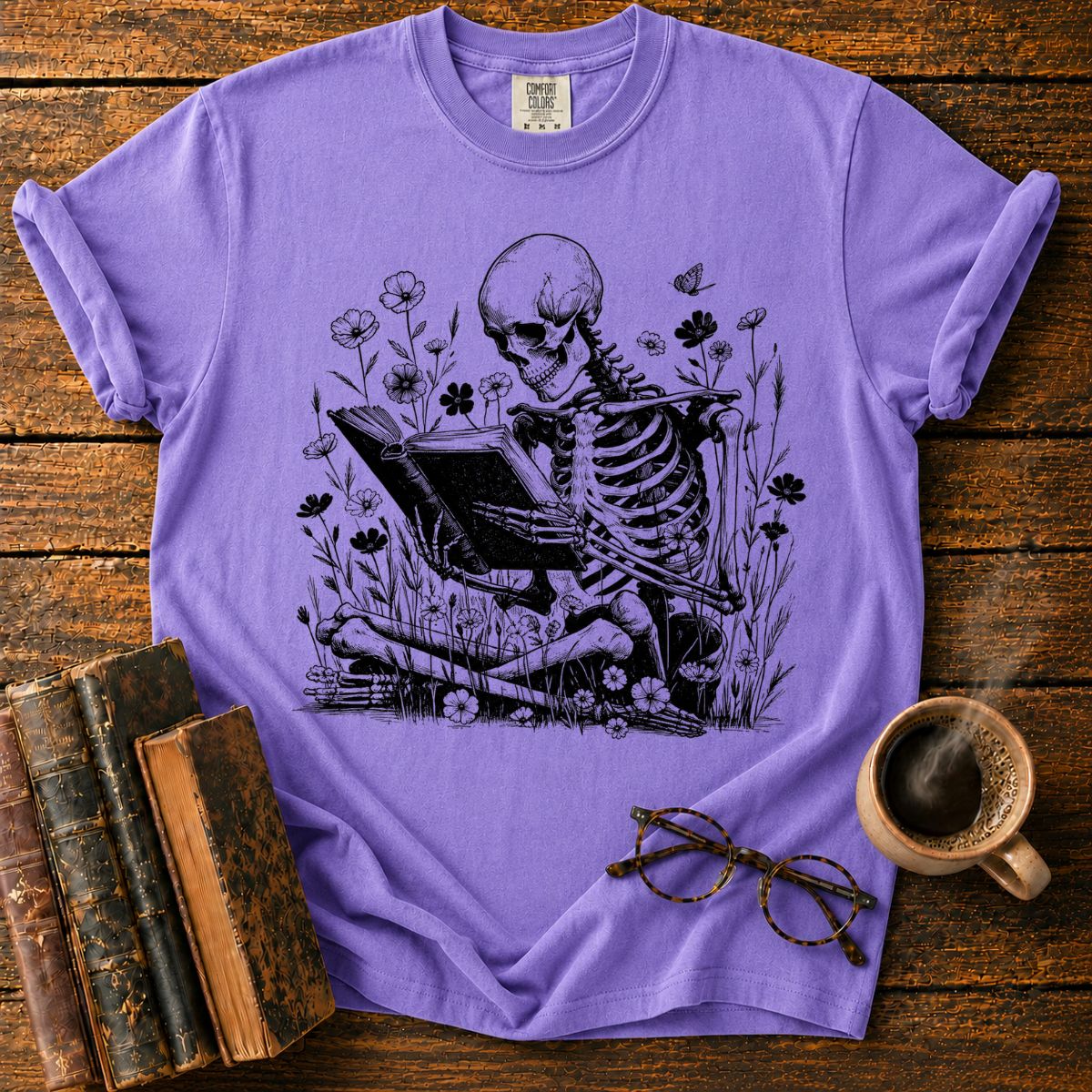 Skeletal Reader in a Wildflower Meadow T-Shirt