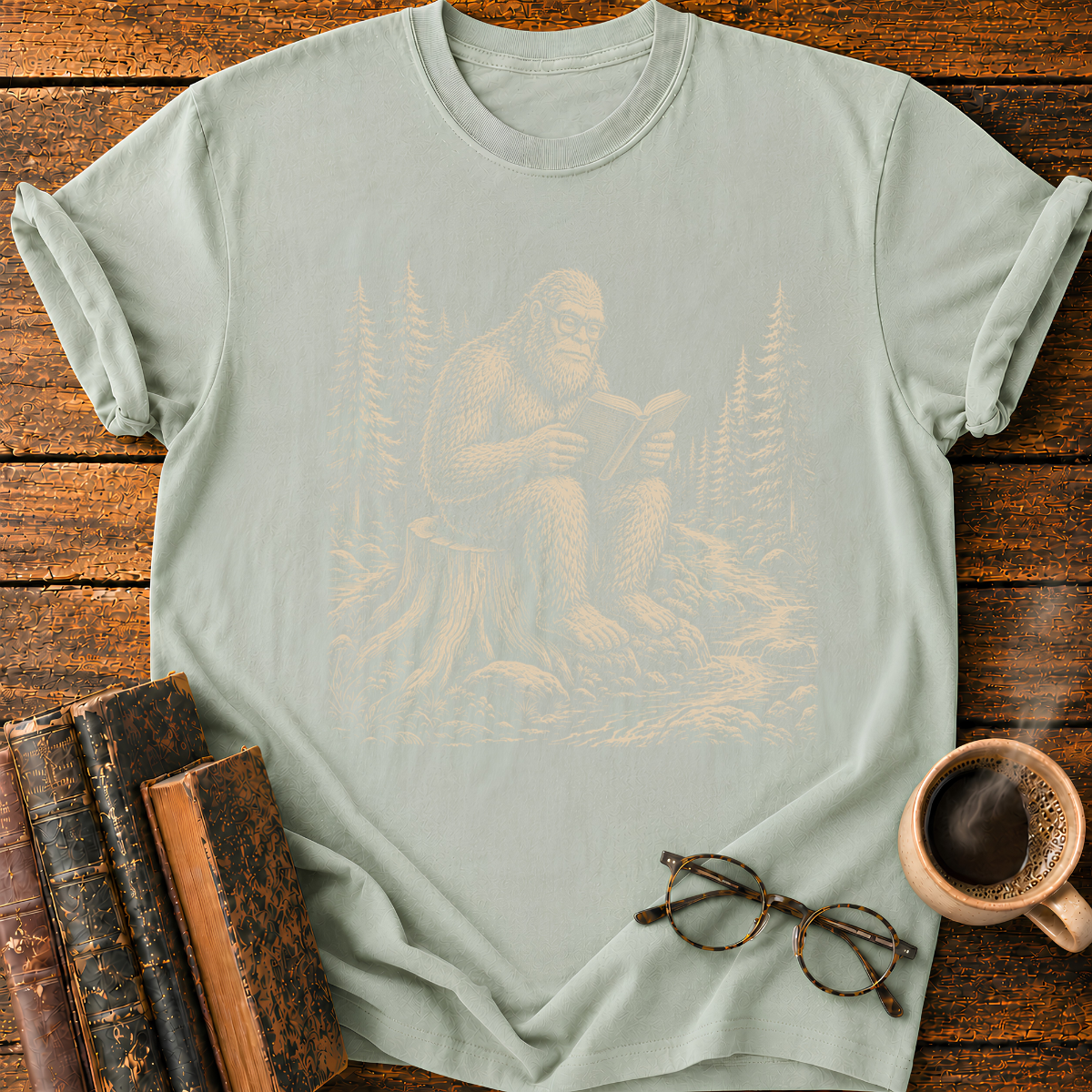 Bigfoot Reading in the Pine Forest T-Shirt