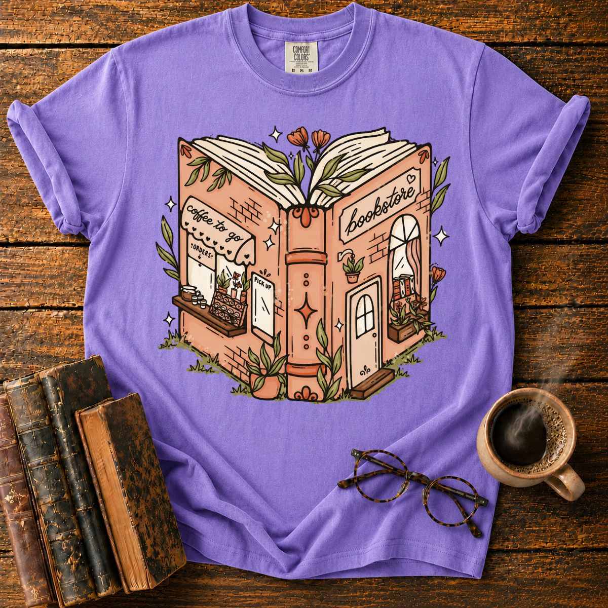 Whimsical Open-Book Bookstore Coffee T-Shirt