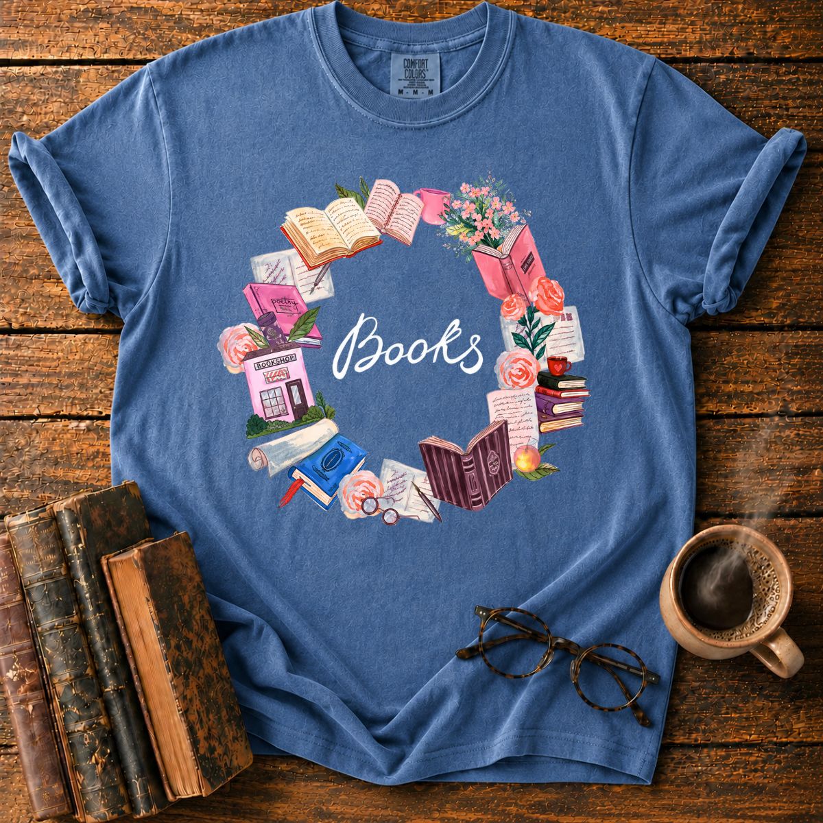 Pastel Books and Blooms Wreath T-Shirt